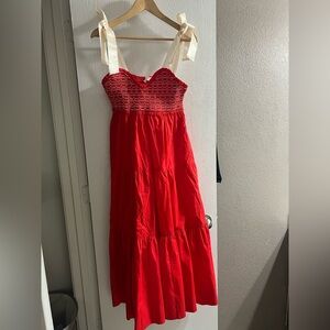 Lovelo Red Tiered Smocked Midi Dress With White Bow Tie Straps Size Small